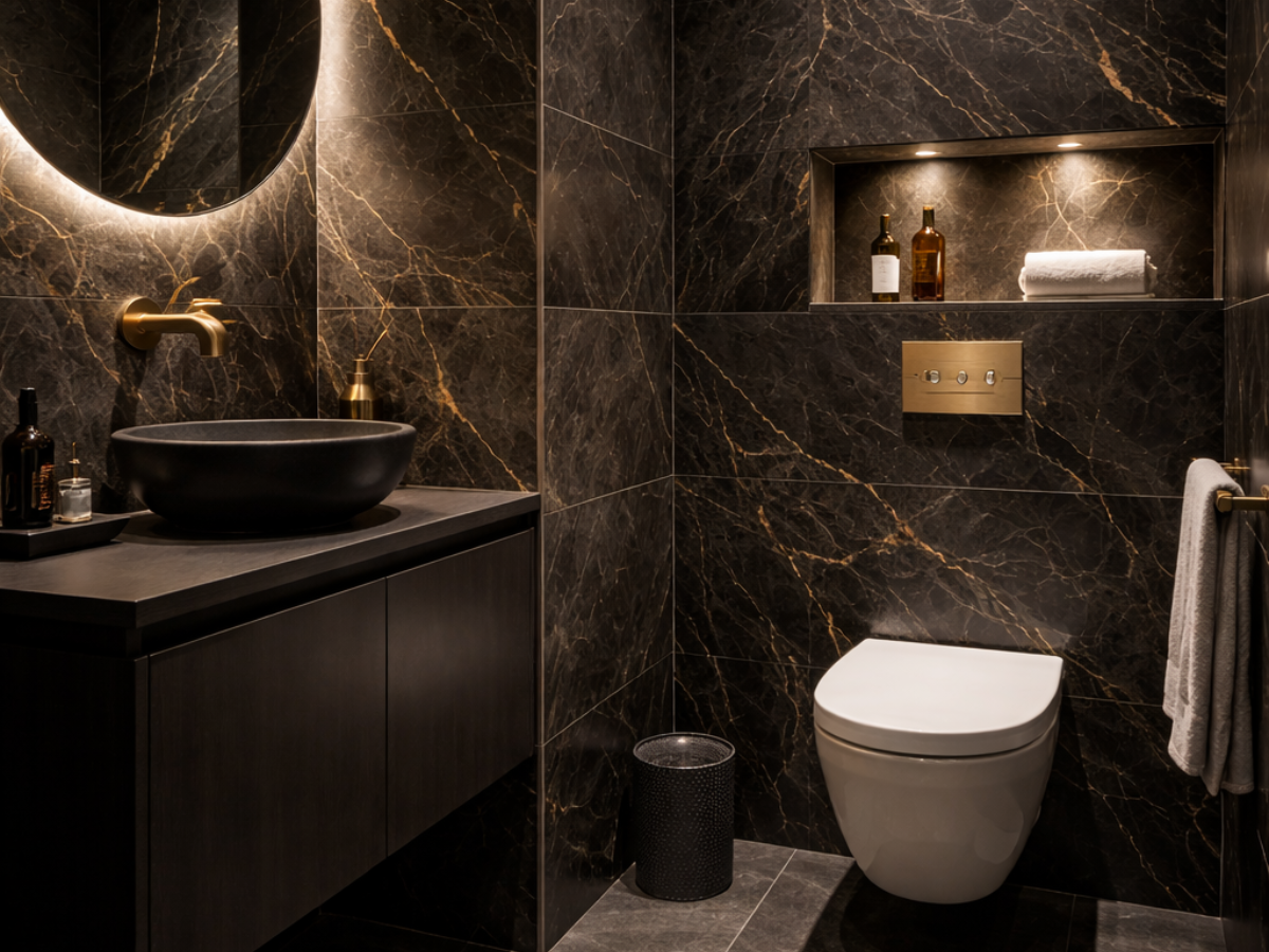 Salle de bain marbre noir or